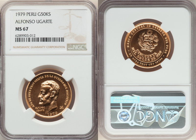 Republic gold "Alfonso Ugarte" 50000 Soles 1979-LM MS67 NGC, Lima mint, KM277. M...