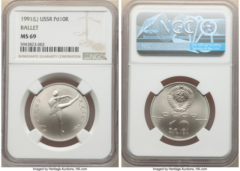 USSR palladium "Ballet" 10 Roubles 1991-(l) MS69 NGC, Leningrad mint, KM-Y269. M...