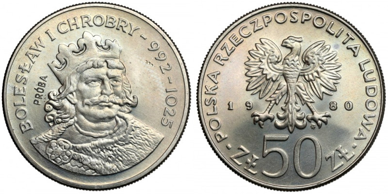 Próba MIEDZIONIKIEL 50 złotych 1980 Bolesław Chrobry - napis nad Piękna i bardzo...