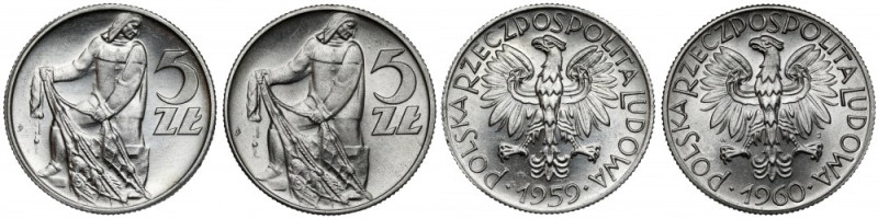 5 złotych 1959-1960 Rybak, zestaw (2szt) - piękne Reference: Parchimowicz 220.b ...