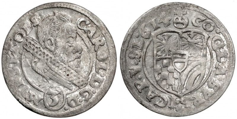 Śląsk, Karol II, 3 krajcary 1614, Oleśnica - HT Rzadsza odmiana z monogramem Han...