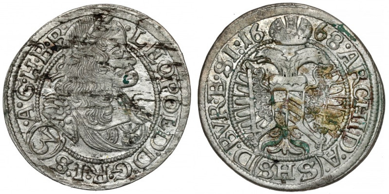 Śląsk, Leopold I, 3 krajcary 1668 SHS, Wrocław Odmiana bez szarf przy koronie. ...