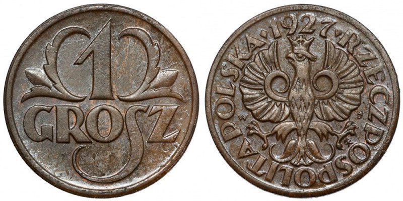 1 grosz 1927 Lakierowany. 

Reference: Chałupski 2.2.2.a, Parchimowicz 101.c
...