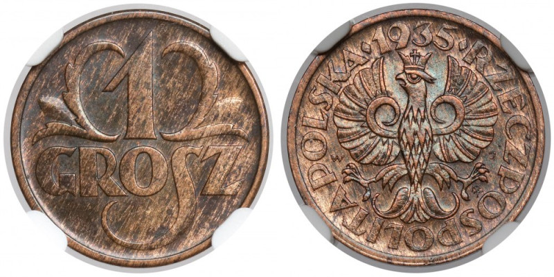 1 grosz 1935 Reference: Chałupski 2.2.9.a, Parchimowicz 101.j
Grade: NGC MS62 B...