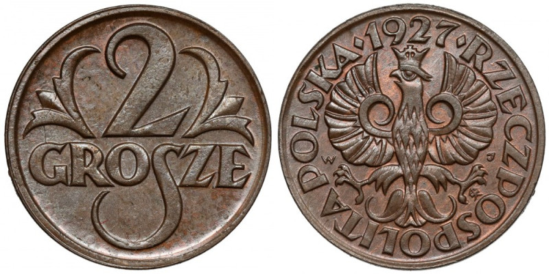 2 grosze 1927 Rzadszy rocznik. Pozostałości lakieru?
Reference: Chałupski 2.5.2...