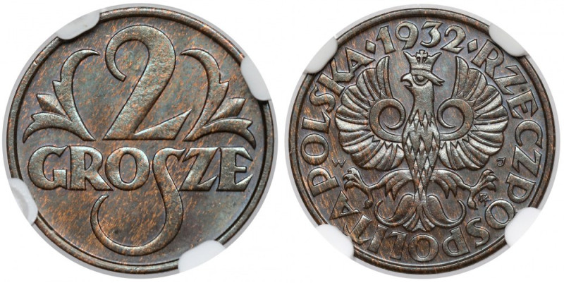 2 grosze 1932 Reference: Chałupski 2.5.6.a, Parchimowicz 102.g
Grade: NGC MS63 ...