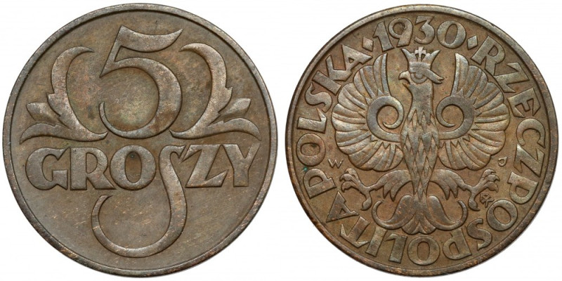 5 groszy 1930 Reference: Chałupski 2.7.3.a, Parchimowicz 103.d
Grade: XF 

Mo...