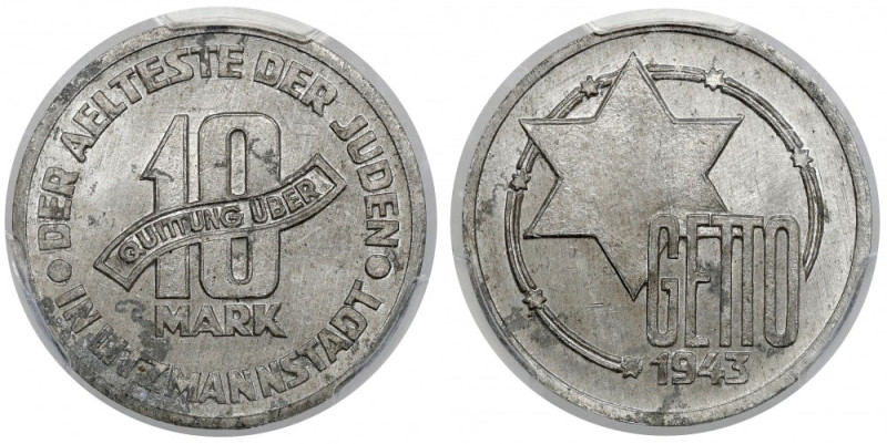 Getto Łódź, 10 marek 1943 Al Piękna, mennicza moneta w gradingu PCGS. Rzadka w t...