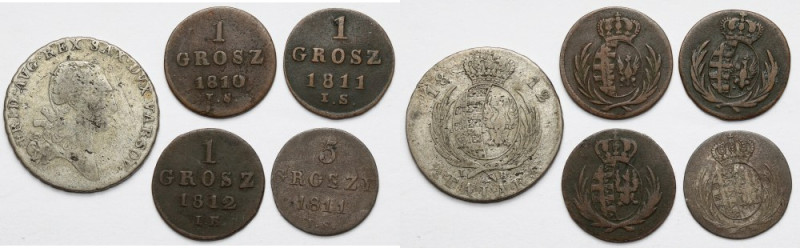 Księstwo Warszawskie, 1-5 groszy 1810-1812 i 1/3 talara 1812, zestaw (5szt) 
Gr...