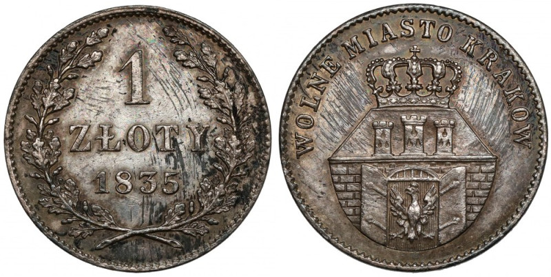 Wolne Miasto Kraków, 1 złoty 1835 Ładna, choć z nietypowymi zabrudzeniami. 
 Uc...