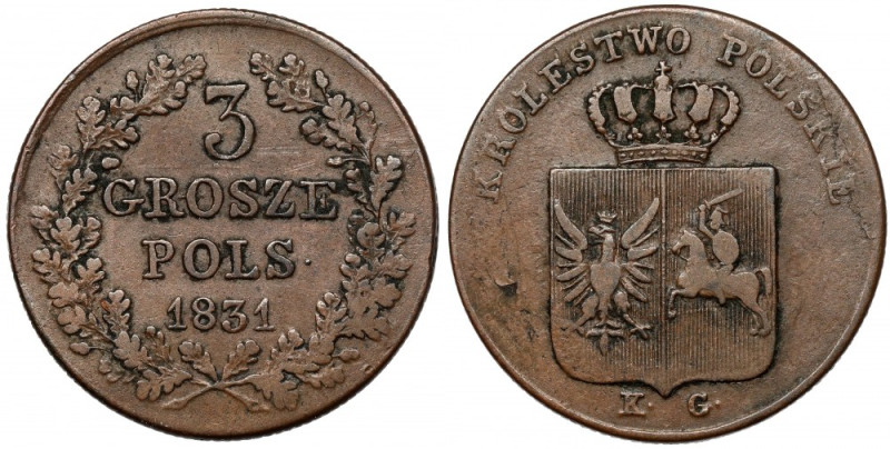 Powstanie Listopadowe, 3 grosze 1831 KG Odmiana z prostymi łapami Orła, z kropką...