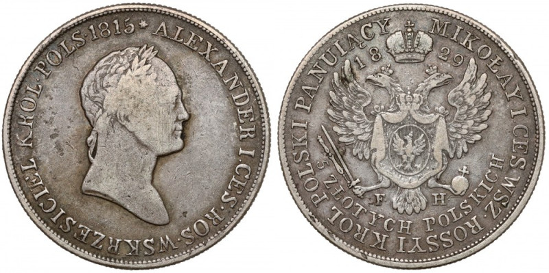 5 złotych polskich 1829 FH Zadrapania na policzku. Pierwszy rocznik pięciozłotów...