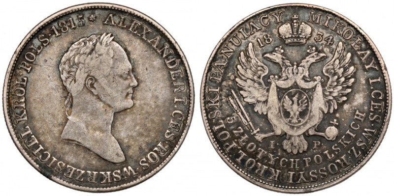5 złotych polskich 1834 IP Ostatni rocznik 'pięciozłotówek polskich' z portretem...