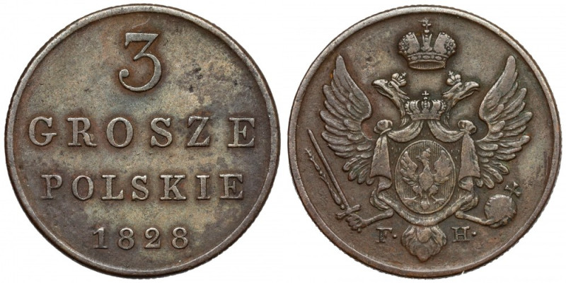 3 grosze polskie 1828 FH Oryginalne, XIX-wieczne bicie. Drugi rocznik po wznowie...