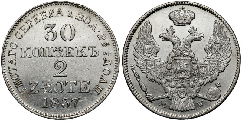 30 kopiejek = 2 złote 1837 MW, Warszawa Pięknie wybita, z wyraźnym lustrem.&nbsp...