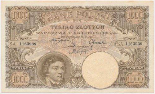 1.000 złotych 1919 Lekko pożółkła górna krawędź. Poza tym bez uwag. Reference: M...