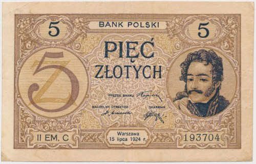 5 złotych 1924 - II EM. C Ładny, naturalny egzemplarz rzadkiego banknotu 5 zł z ...