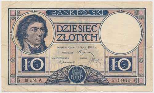 10 złotych 1924 - III EM. A Bardzo rzadka, wydana zapewne w znikomej ilości, III...