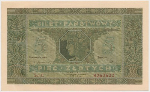 5 złotych 1926 - Ser.H Wspaniały, emisyjny stan zachowania z małym naddarciem / ...