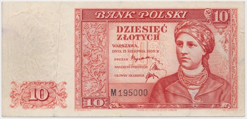 Londyn, 10 złotych 1939 - M - seria spoza puli archiwalnej Seria z rzeczywistego...