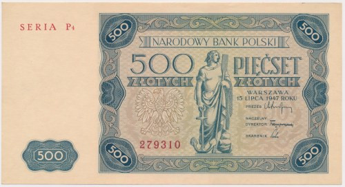 500 złotych 1947 - P4 Piękny, emisyjny stan zachowania, bez żadnych ugięć.&nbsp;...