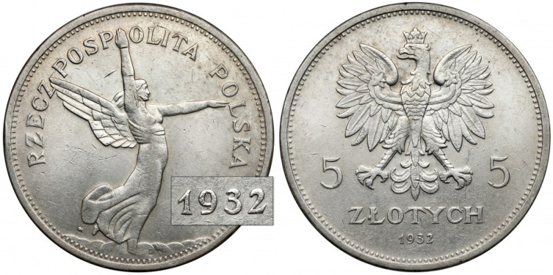 Second Polish Republic, Nike 5 Zlotych 1932 - the RAREST Bardzo atrakcyjny egzem...