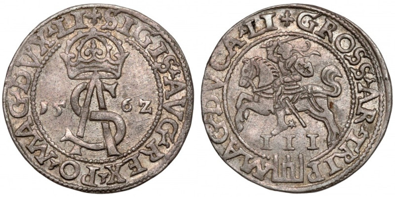 Zygmunt II August, Trojak Wilno 1562 - duża Pogoń - B.ŁADNY Bardzo ładny, z natu...