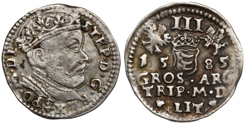 Stefan Batory, Trojak Wilno 1585 - herb Lis Zarysowania na portrecie, ładny rewe...
