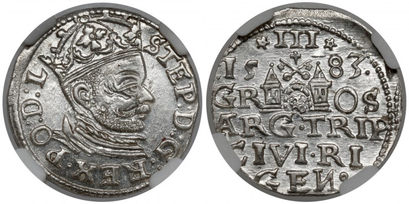 Stefan Batory, Trojak Ryga 1583 - piękny Menniczy egzemplarz z wyraźnym lustrem ...