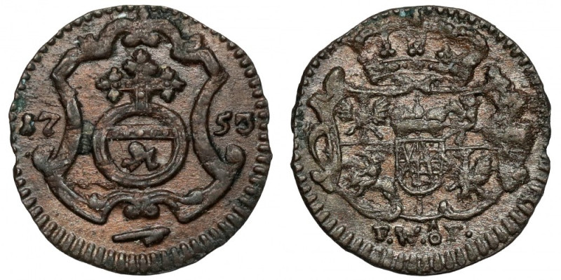 August III Sas, Halerz 1753 FWóF, Drezno Typ bity w latach 1735-1754 - z inicjał...