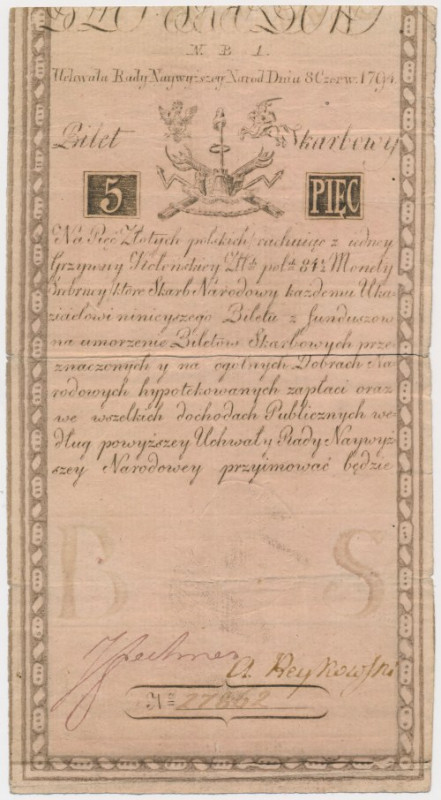 5 złotych 1794 - N.B 1. - J HONIG & ZOONEN Reference: Miłczak A1a
Grade: F+ 
...