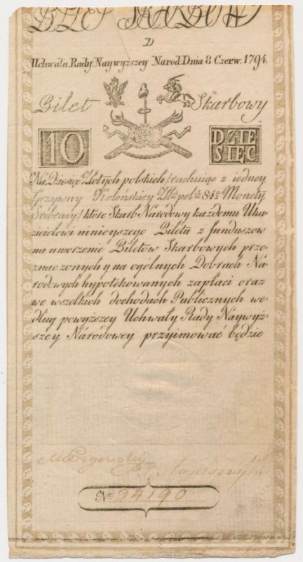 10 złotych 1794 - D Reference: Miłczak A2
Grade: XF+ 

More photos and full i...