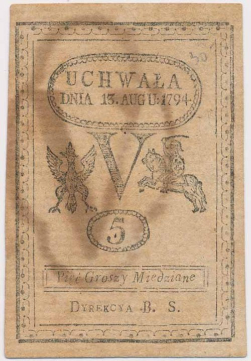 5 groszy 1794 Bez ugięć, pożółkły papier, adnotacja na rewersie.&nbsp;&nbsp; Ref...