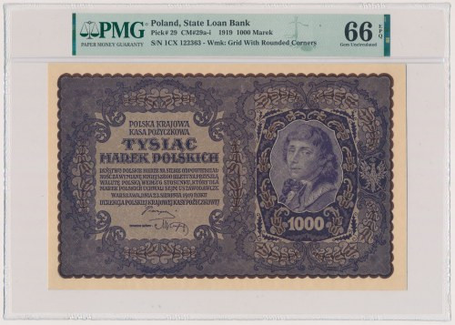 1.000 mkp 1919 - I Serja CX (Mił.29b) Reference: Miłczak 29b
Grade: PMG 66 EPQ ...