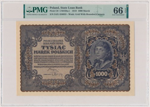 1.000 mkp 1919 - III Serja AX (Mił.29h) Reference: Miłczak 29h
Grade: PMG 66 EP...