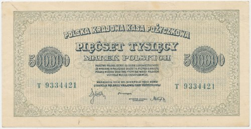 500.000 mkp 1923 - 7 cyfr - T Reference: Miłczak 36i
Grade: XF- 

More photos...