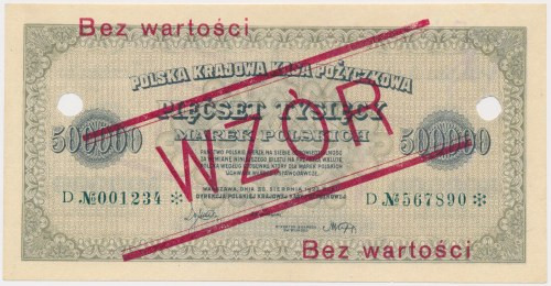 500.000 mkp 1923 - 6 cyfr - D - WZÓR - perforacja Reference: Miłczak 36We
Grade...