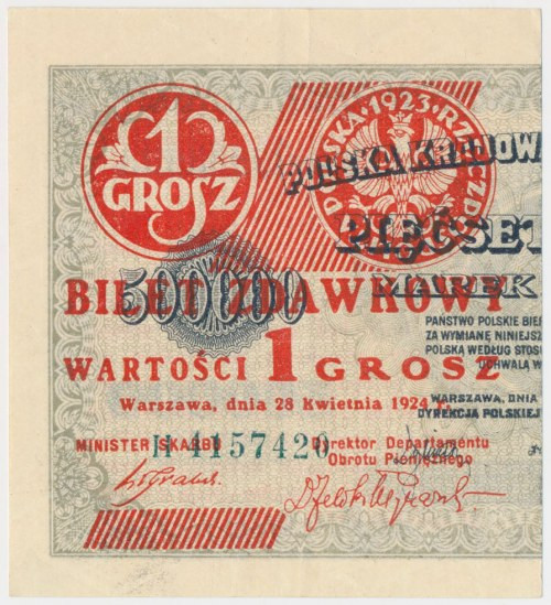 1 grosz 1924 - H - lewa połowa Reference: Miłczak 42c
Grade: XF+ 

More photo...