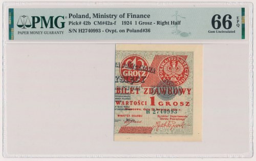 1 grosz 1924 - H - prawa połowa Rzadka odmiana jednoliterowa.&nbsp; 
Reference:...