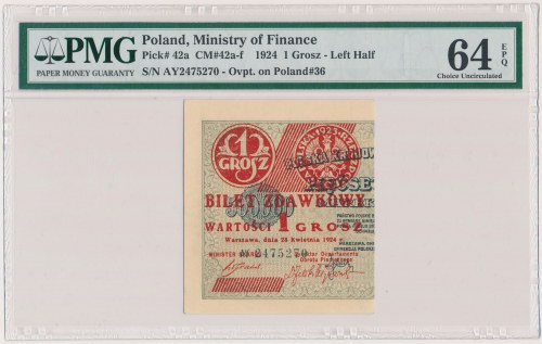 1 grosz 1924 - AY - lewa połowa Reference: Miłczak 42e
Grade: PMG 64 EPQ 

Mo...