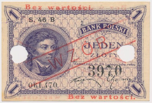 1 złoty 1919 - WZÓR - S.46 B - z perforacją Reference: Miłczak 47Wd
Grade: VF+ ...