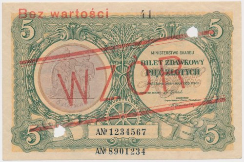 5 złotych 1925 - Konstytucja - WZÓR - Nr 41 Linia złamania biegnąca pionowo, tuż...