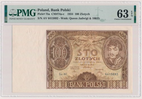 100 złotych 1934 - dwie kreski w znaku wodnym Reference: Miłczak 74b
Grade: PMG...