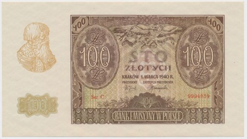 100 złotych 1940 - Ser.C Rzadka seria.&nbsp; Reference: Miłczak 97a
Grade: UNC ...