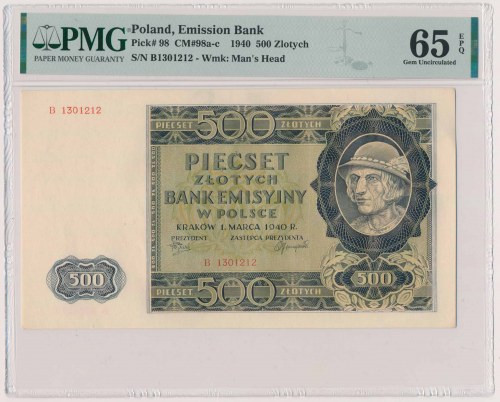 500 złotych 1940 - B Reference: Miłaczk 98a
Grade: PMG 65 EPQ 

More photos a...