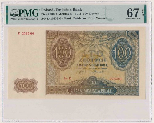 100 złotych 1941 - D Reference: Miłczak 103b
Grade: PMG 67 EPQ MAX 

More pho...