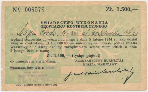 Świadectwo Kontrybucji 1.500 złotych 1944 Reference: Lucow nie notuje tego nomin...