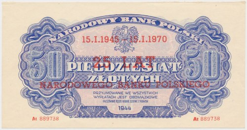 50 złotych 1944 ...owe - nadruk SPECIMEN / 25 lat NBP Ślad wklejenia na górnym m...