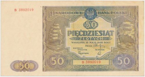 50 złotych 1946 - mała litera Reference: Miłczak 128a
Grade: XF/XF+ 

More ph...