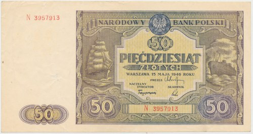 50 złotych 1946 - duża litera Reference: Miłczak 128b
Grade: VF+ 

More photo...